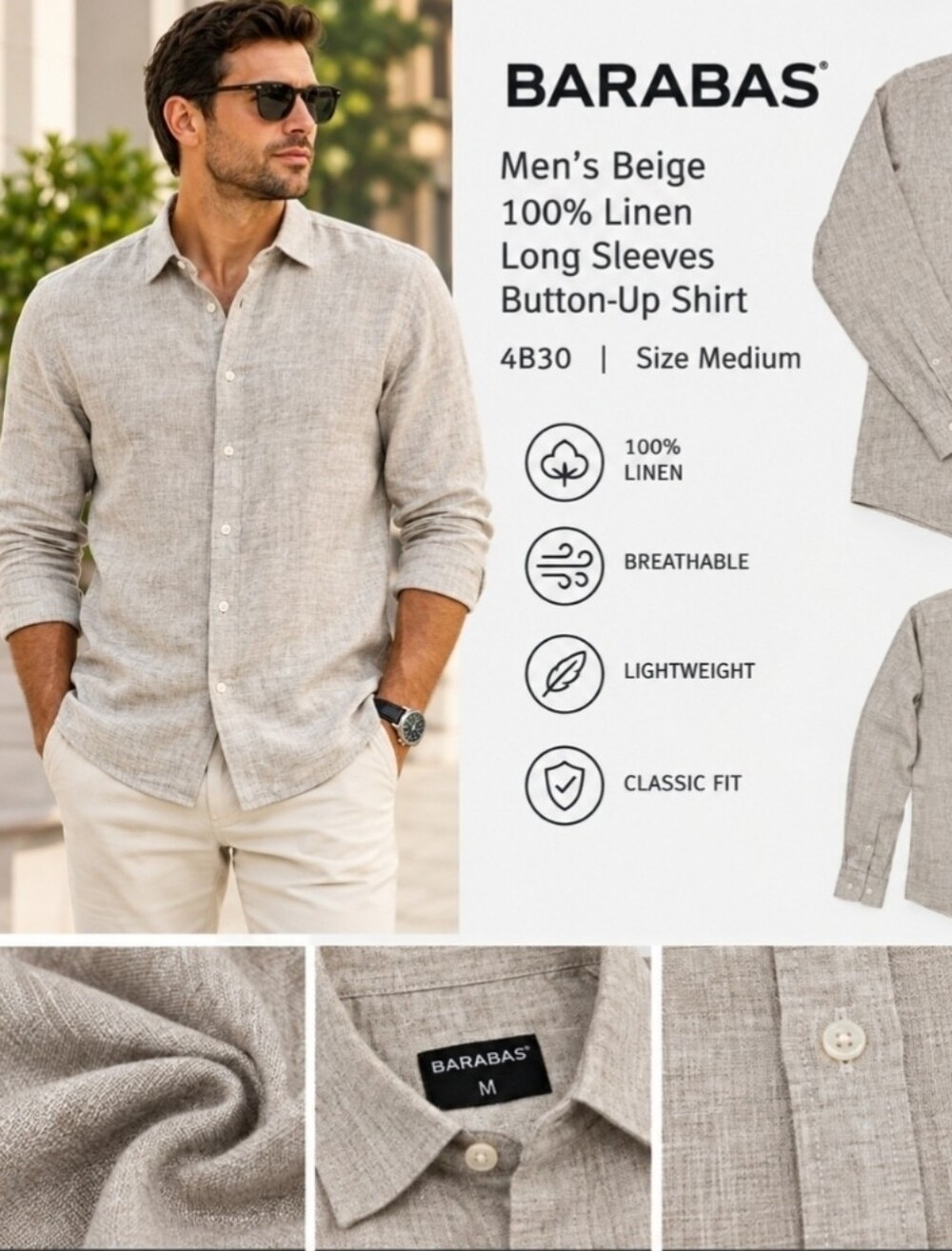 Barabas Men's Beige 100% Linen Long Sleeves Button-Up Shirt 4B30 Size Medium